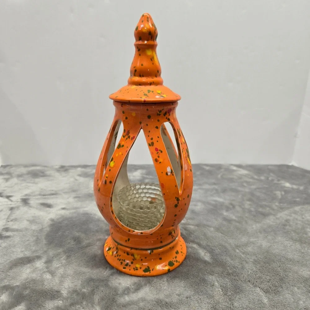 Vintage‎ Orange Splatter Ceramic Tea Light Lantern with Hobnail Glass Insert
